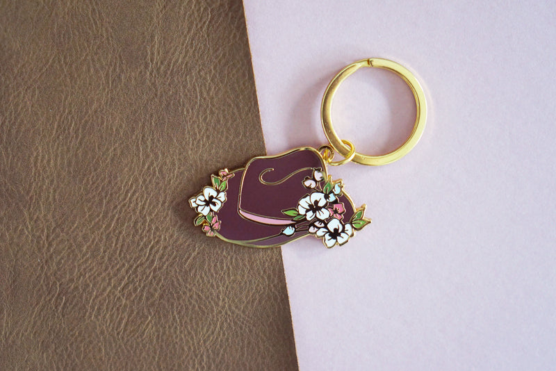 Floral Cowgirl Gold Enamel Keychain, Dark